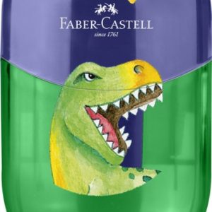 Faber-Castell Dinosaurio Sacapuntas de 2 Orificios con Deposito - Diseño Atractivo de Dinosaurio - Color Verde/Azul