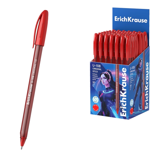 Erichkrause U-108 Boligrafo Clasico - Punta de Bola 1.0mm - Trazo de 0.3mm - Tapa Ventilada - Cuerpo Translucido y Tintado - Ultra Glide Technology - Color Rojo