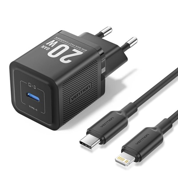 Vention Cargador de Pared GaN USB-C 20W - Cable USB-C a Lightning 1m - Color Negro