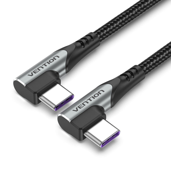 Vention Cable USB-C 2.0 a USB-C 2.0 5A 100W - 0.5m - Trenzado - Acodado en los Dos Extemos - Color Gris