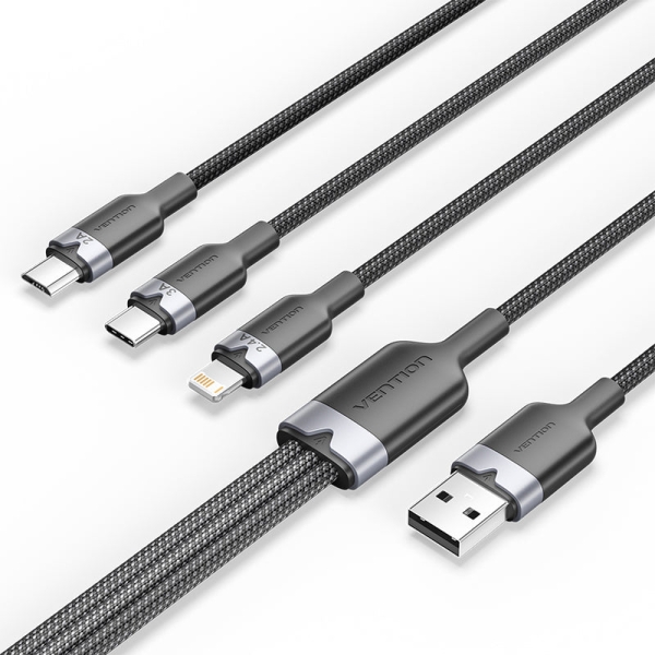 Vention Cable USB-A 2.0 a USB-C, Lightning, Micro-B 3A - 1.5m - Trenzado - Color Negro