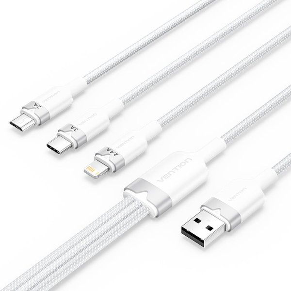 Vention Cable USB-A 2.0 a USB-C, Lightning, Micro-B 3A - 1.5m - Trenzado - Color Blanco