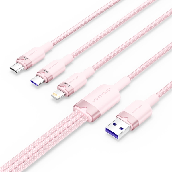 Vention Cable USB-A 2.0 a USB-C, Lightning, Micro-B 6A - 1.5m - Trenzado - Color Rosa