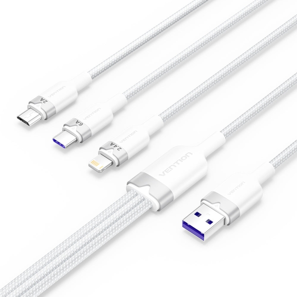 Vention Cable USB-A 2.0 a USB-C, Lightning, Micro-B 6A - 1.5m - Trenzado - Color Blanco