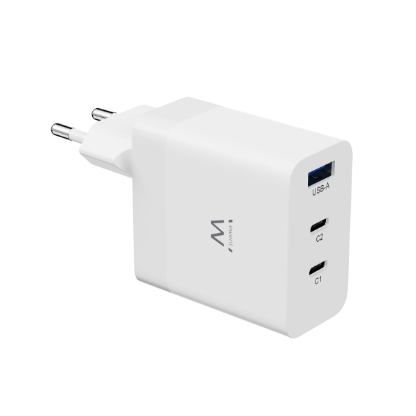 Ewent EW1323 Cargador USB-3 Puertos - Salida Maxima 65W - 1 USB A y 2 USB C - Color Blanco