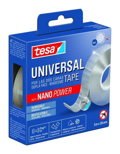 Tesa Cinta Universal de Doble Cara con Nano Power 30mm x 3 Metros - Soporta Cargas Pesadas - Puede Retirarse sin Dejar Residuos - Reutilizable - Para Interiores y Exteriores - Transparente 1 Tesa Cinta Universal de Doble Cara con Nano Power 30mm x 3 Metros - Soporta Cargas Pesadas - Puede Retirarse sin Dejar Residuos - Reutilizable - Para Interiores y Exteriores - Transparente