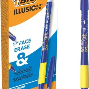 Bic Illusions Boligrafo Borrable - Punta Media de 0.7mm - Grip de Goma - Recargable - Color Azul