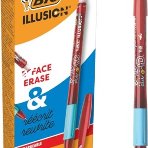 Bic Illusions Boligrafo Borrable - Punta Media de 0.7mm - Grip de Goma - Recargable - Color Rojo