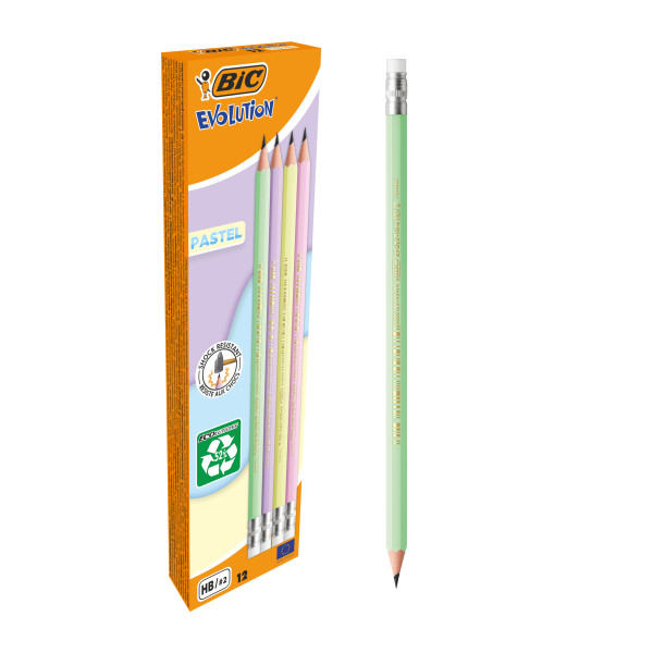 Bic Evolution Pastel Lapiz de Grafito Hexagonal con Goma - Mina HB Ultrarresistente - Sin Madera - No se Astilla - Colores Pastel