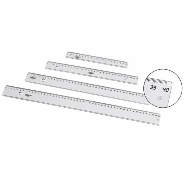Faibo Regla Escolar Graduada de 50cm - Biselada y Reborde para Tinta - Transparente