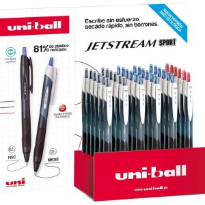 Uni-ball JetStream Sport SXN-150E Expositor con 36 Boligrafos de Tinta Pigmentada - Punta de Bola 1mm - Retractil - Secado Instantaneo - Ideal para Zurdos - Colores Surtidos