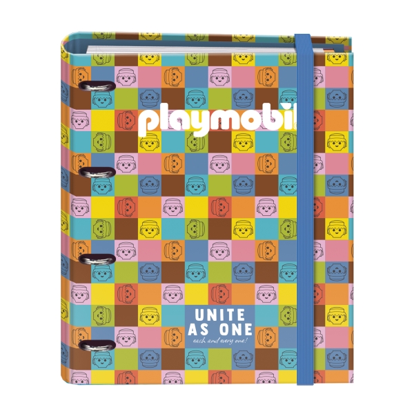 Dohe Playmobil Unite as One Carpeta de 4 Anillas Mixtas de 35mm con Recambio de 100 Hojas - Formato Folio - Cierre con Goma - Incluye 4 Separadores y Sobre de Polipropileno