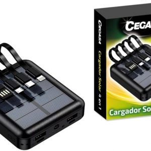 Cegasa Powerbank Solar 4 en 1 5000mAh - Salidas USB-C, Lighting, USB-A, Micro USB - Con Linterna - Color Negro