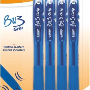 Bic Bu3 Pack de 4 Boligrafos Retractiles - Punta Media de 1mm - Trazo 0.32mm - Grip de Goma - Escritura mas Fluida - Color Azul