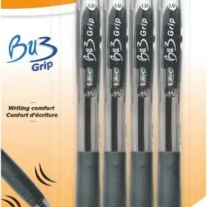 Bic Bu3 Pack de 4 Boligrafos Retractiles - Punta Media de 1mm - Trazo 0.32mm - Grip de Goma - Escritura mas Fluida - Color Negro