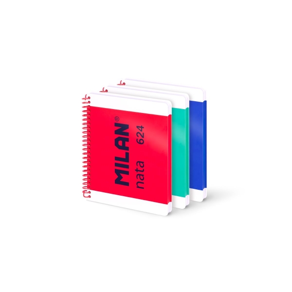 Milan Nata 624 Pack de 3 Cuadernos Espiral Formato A5 Lisos - 80 Hojas de 95 gr/m2 - Microperforado, 4 Taladros - Colores Surtidos