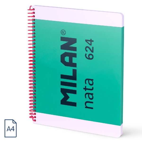 Milan Nata 624 Cuaderno Espiral Formato A4 Pautado 7mm - 80 Hojas de 95 gr/m2 - Microperforado, 4 Taladros - Color Verde