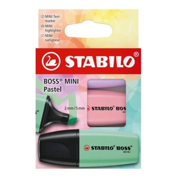 Stabilo Boss Mini Pastel Pack de 3 Marcadores Fluorescentes - Trazo entre 2 y 5mm - Tinta con Base de Agua - Antisecado - Colores Verde, Rosa y Violeta