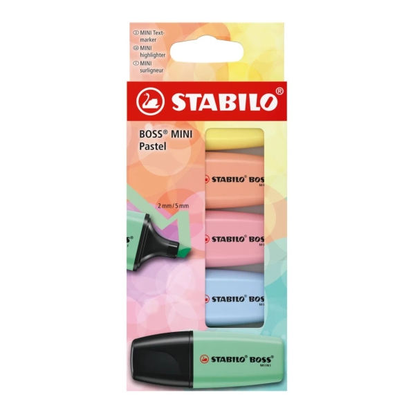 Stabilo Boss Mini Pastel Pack de 5 Marcadores Fluorescentes - Trazo entre 2 y 5mm - Tinta con Base de Agua - Antisecado - Colores Verde, Rosa, Azul, Naranja y Amarillo