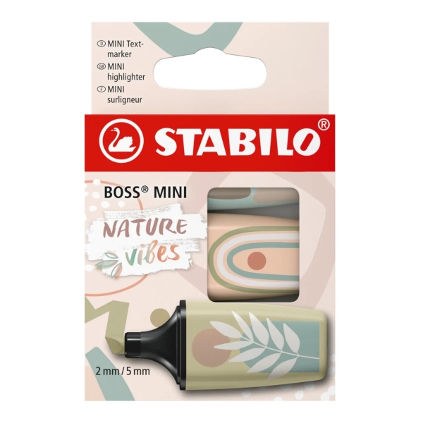 Stabilo Boss Mini Naturevibes Pack de 3 Marcadores Fluorescentes - Trazo entre 2 y 5mm - Tinta con Base de Agua - Antisecado - Colores Verde Barro, Verde Tierra y Beige