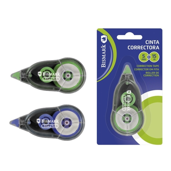 Bismark Cinta Correctora 5mmx15m - Perfecta Adherencia al Papel - Presentacion en Blister Individual - Colores Surtidos Aleatorios