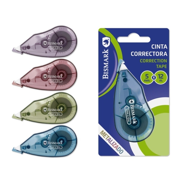 Bismark Metallic Cinta Correctora 5mmx12m - Perfecta Adherencia al Papel - Presentacion en Blister - Cuerpo de Colores Efecto Metalizado Surtidos