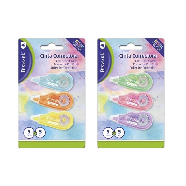 Bismark Mini Pastel Pack de 3 Cintas Correctoras 5mmx5m - Perfecta Adherencia al Papel - Presentacion en Blister - Cuerpo de Colores Pastel Surtidos