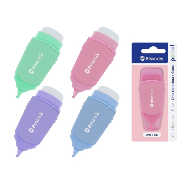 Bismark Pastel Cinta Correctora 5mmx6m con Goma de Borrar - Perfecta Adherencia al Papel - Presentacion en Blister - Cuerpo de Colores Pastel Surtidos