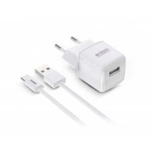 Urban Factory Powee Cargador de Pared USB-A 2.4 A/12W - Cable USB-A a USB-C de 1m - Color Blanco