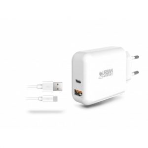 Urban Factory Powee Cargador de Pared USB-C de 45W y USB-A de 18W - Cable USB-A a USB-C de 1m - Color Blanco