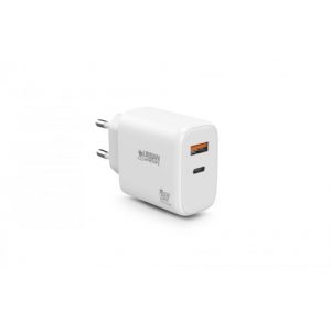 Urban Factory Powee Cargador USB-C GaN de 65W - 1 Puerto USB-C de 45W + 1 Puerto USB-A de 18W - Carga Rapida - Color Blanco