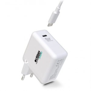 Urban Factory Cyclee Cargador de Pared USB-C GaN de 65W - Diseño Ecologico - Cable USB-C/USB-C de 2m - Color Blanco