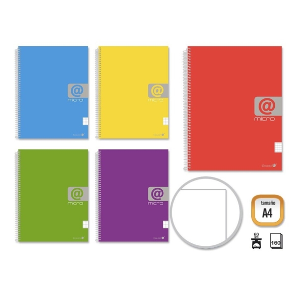Golden Cuaderno Espiral A4 160 Hojas 60grs Liso - Hojas Microperforadas con 4 Taladros y 4 Bandas de Color - Tapa Resistente Forrada - Colores Surtidos