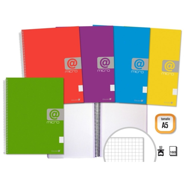 Golden Cuaderno Espiral A5 160 Hojas 60grs Cuadricula - Hojas Microperforadas con 4 Taladros y 4 Bandas de Color - Tapa Resistente Forrada - Colores Surtidos