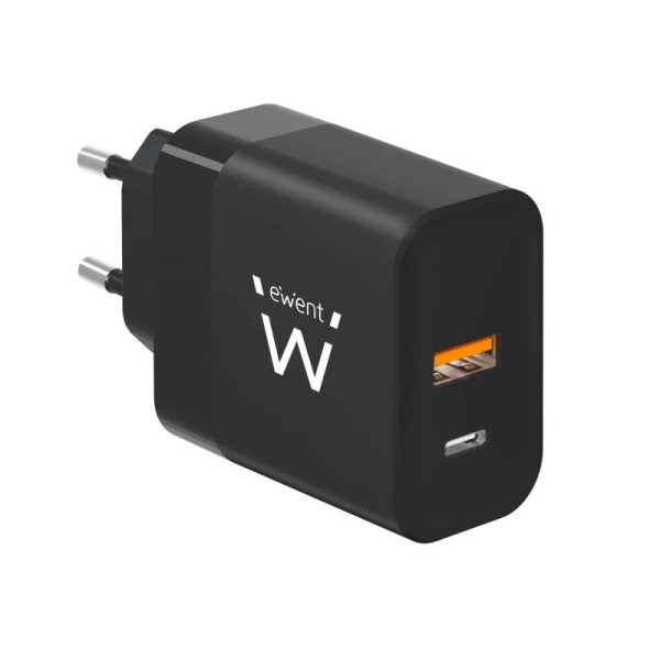 Ewent EW1327 Cargador GaN Universal de Pared 45W Ultrarapido - 1x USB-C PD 3.0 & PPS, 1x USB-A QC 2.0 - Color Negro