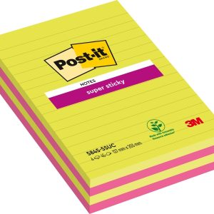 Post-It Super Sticky Pack de 4 Blocs de 45 Notas Grandes Adhesivas Reposicionables - con Lineas - 100% PEFC - Colores Surtidos