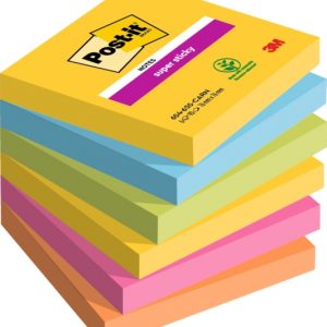 Post-It Super Sticky Pack de 6 Blocs de 90 Notas Adhesivas Reposicionables - Forma Cuadrada - 76x76mm - Colores Surtidos