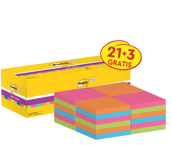 Post-It Super Sticky Pack de 24 Blocs de 90 Notas Adhesivas Reposicionables - 76x76mm - Promocion 21 Blocs + 3 Gratis - Colores Surtidos 1 Post-It Super Sticky Pack de 24 Blocs de 90 Notas Adhesivas Reposicionables - 76x76mm - Promocion 21 Blocs + 3 Gratis - Colores Surtidos