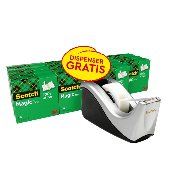 Scotch Magic Pack de 16 Cintas Adhesivas - 19mm x 33m - Promocion Dispensador Gratis - Color Negro/Gris