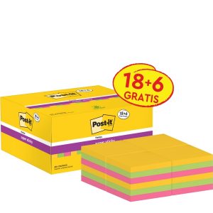 Post-It Super Sticky Pack de 24 Blocs de 90 Notas Adhesivas Reposicionables - 47.6x47.6mm - Promocion 18 Blocs + 6 Gratis - Colores Surtidos