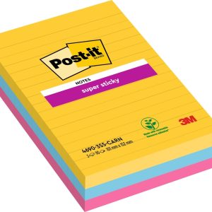 Post-It Super Sticky Pack de 3 Blocs de 90 Notas Adhesivas Reposicionables - Forma Rectangular - 101x152mm - Colores Surtidos