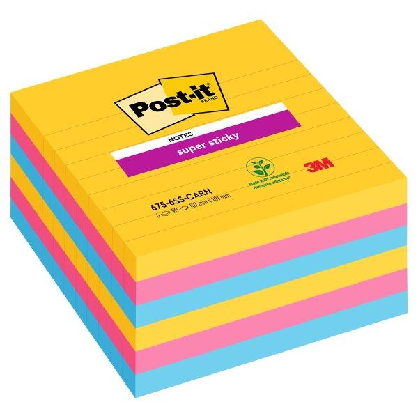 Post-It Super Sticky Pack de 6 Blocs de 90 Notas Adhesivas Reposicionables - Forma Cuadrada - 101x101mm - Colores Surtidos
