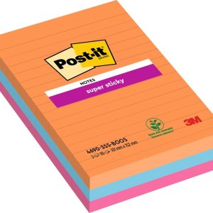 Post-It Super Sticky Pack de 3 Blocs de 90 Notas Adhesivas Reposicionables - Forma Rectangular - 101x101mm - Colores Surtidos