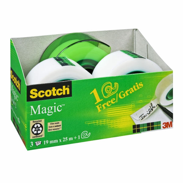 Scotch Magic Pack de 3 Cintas Adhesivas Invisible - 19mm x 25m - Dispensador Gratis - Color Transparente