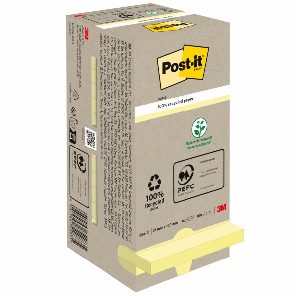 Post-It Pack de 16 Blocs de 100 Notas Adhesivas Recicladas - Forma Cuadrada - 76x76mm - Color Amarillo Claro