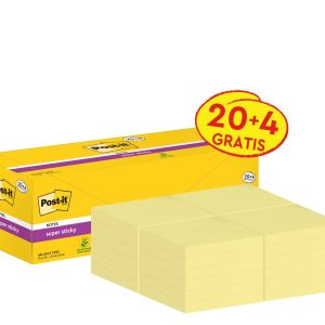 Post-It Super Sticky Pack de 24 Blocs de 90 Notas Adhesivas Reposicionables - 76x76mm - Promocion 20 Blocs + 4 Gratis - Paquete de Carton - Color Amarillo Claro