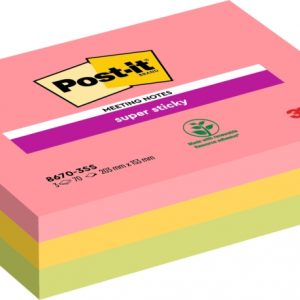 Post-It Super Sticky Pack de 3 Blocs de 70 Notas para Reuniones Adhesivas Reposicionables - 203x153mm - Colores Surtidos