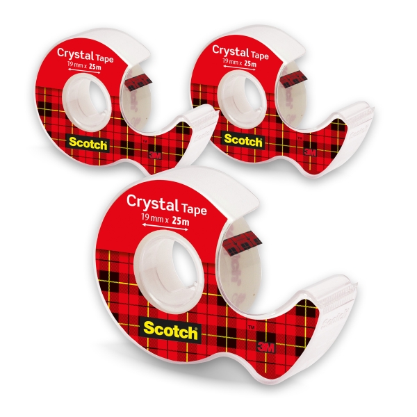 Scotch Crystal Pack de 3 Cintas Adhesivas - 19mm x 25m - Supertransparente - Incluye Dispensador - Color Transparente