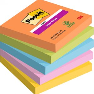 Post-It Super Sticky Pack de 5 Blocs de 90 Notas Adhesivas Reposicionables - Forma Cuadrada - 76x76mm - Colores Surtidos