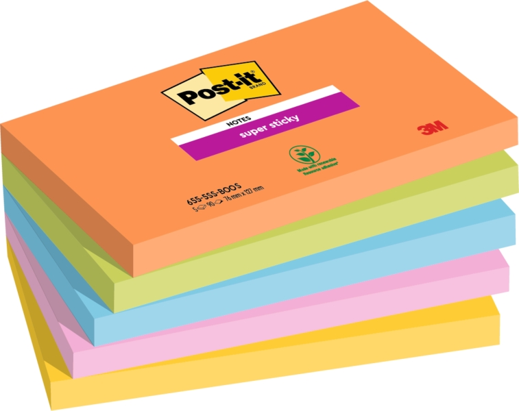 Post-It Super Sticky Pack de 5 Blocs de 90 Notas Adhesivas Reposicionables - Forma Rectangular - 127x76mm - Colores Surtidos 1 Post-It Super Sticky Pack de 5 Blocs de 90 Notas Adhesivas Reposicionables - Forma Rectangular - 127x76mm - Colores Surtidos
